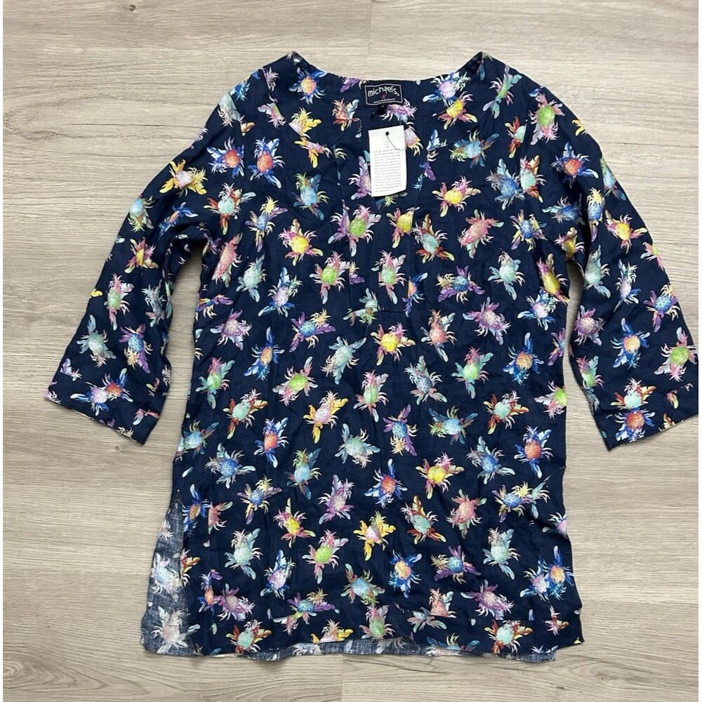 New  Women 100 percent linen crab summer travel beachy shirt top new size small